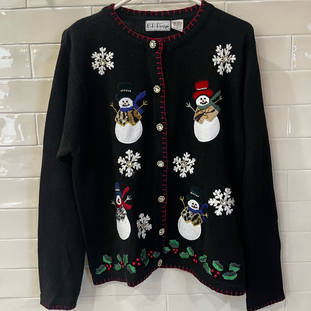 Vintage Christmas Ugly Sweater Kitschy Embellished B.P. Designs Snowmen Sz Med